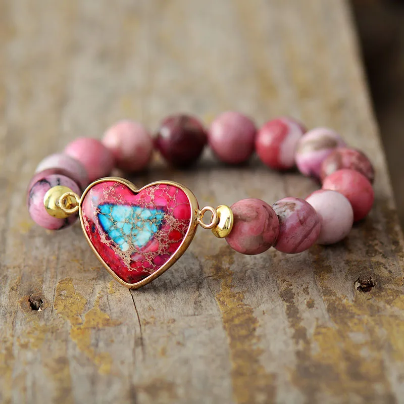 Classic Women Heart Shape Bracelets Luxury A++++ Rhodonite Stretch Elastic Strand Spiritual Bracelet Jewelry Bijoux Dropshipping