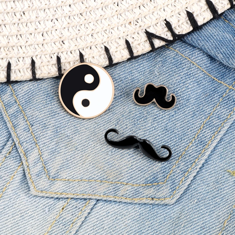 Funny Black White Enamel Pins Yin Yang Tai Chi Moustache Fun