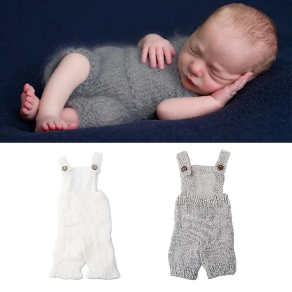 

Top Quality White/Gray Newborn Baby Infant Knitted Mohair Overalls Rompers Photography Props Outfits White/Gray