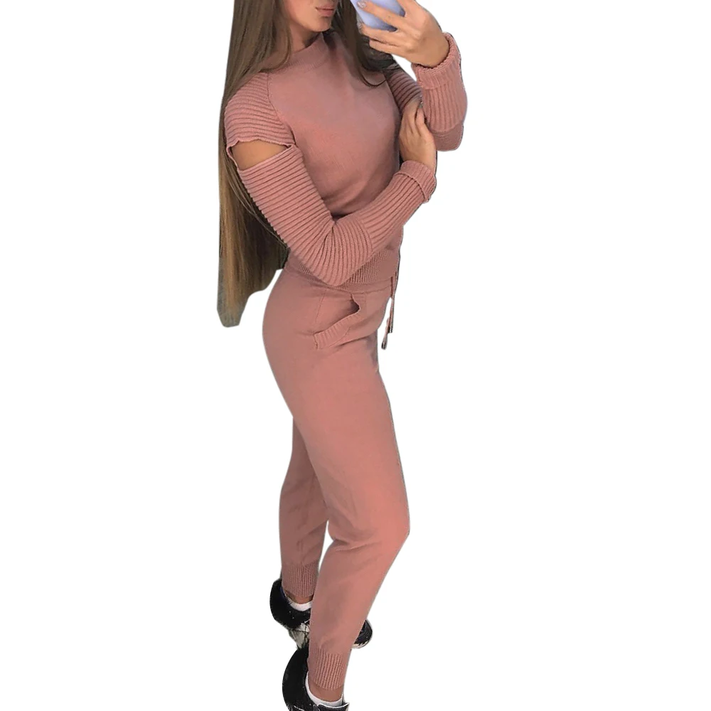 WENYUJH, Осенний вязаный женский спортивный костюм, комплекты из 2 предметов, пуловер с открытыми плечами и рукавами, топ, трикотажные штаны, повседневный трикотажный спортивный костюм - Цвет: Pink