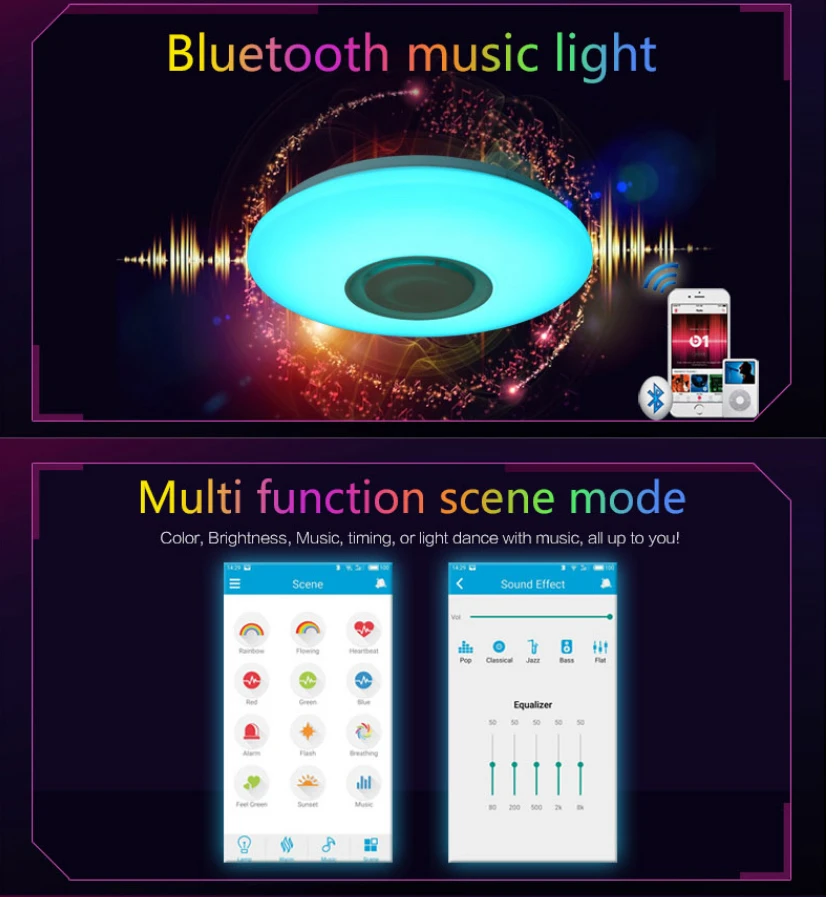 Музыкальный светодиодный потолочный светильник с Bluetooth управлением, меняющее цвет, светильник для спальни, потолочные светильники