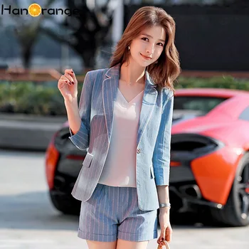 

Three Quarter Sleeve Women Striped Shorts Suit 2020 Summer Cotton Linen OL Two Pieces Shorts Set