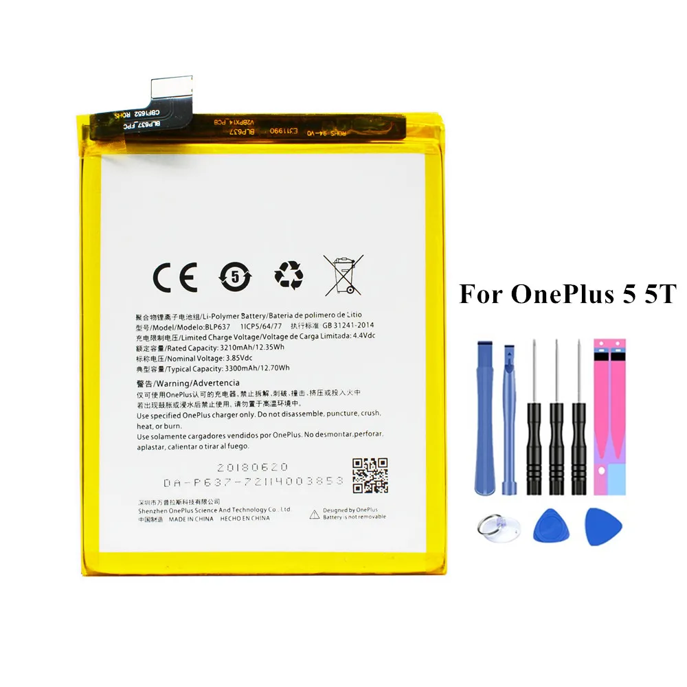 

Spare Battery BLP637 For OnePlus 5 5T for One Plus 1+5 1+5T Rechargeable Phone Batteria Akku 3210/3300mAh +Tools kit