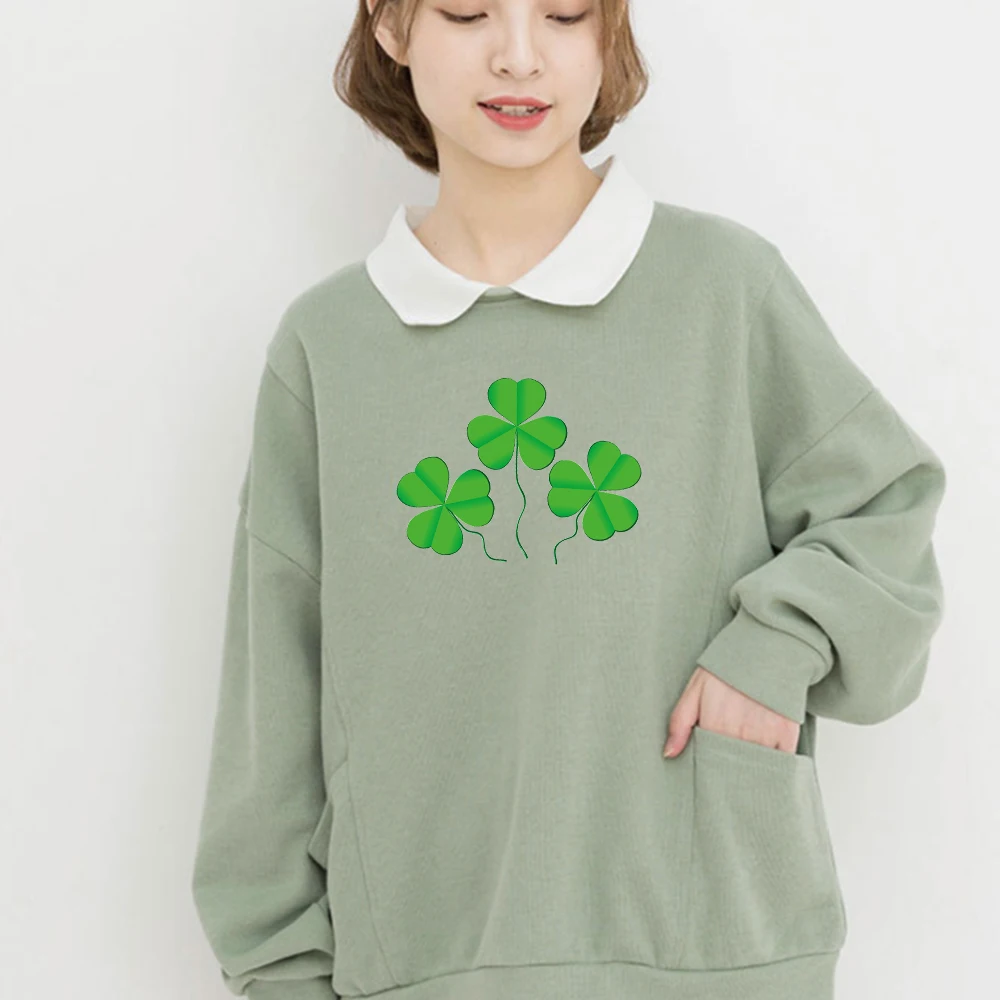 

Turn-down Collar Hoodies Women Aesthetic Oversized St. Patrick's Day Spring Autumn Thin Green Sweatshirts Cotton Pullover Top