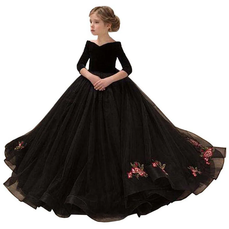 2022 New Kids Dresses Girl Elegant Long Prom Black Embroidery Tulle Gowns Children Stage Dress 8 Grade Graduation Dresses baby girl skirt clothes