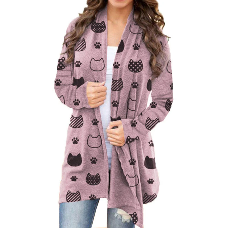 Cárdigans informales de algodón con estampado de gato para mujer, Tops largos y cómodos, ropa para mujer 2020