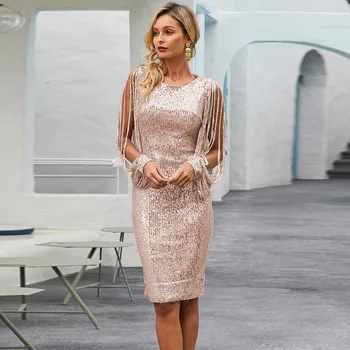 

BacklakeGirls HT476 Scoop Neck Straight Sequined Cocktail Dresses Long Tassel Sleeves Zipper Back Vestidos Elegantes Coctel 2020