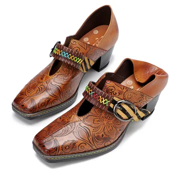 

YourSeason Ladies Retro High Heels Shoes Genuine Leather Square Toe Buckle Casual Handmade Print Women 2020 New Pumps