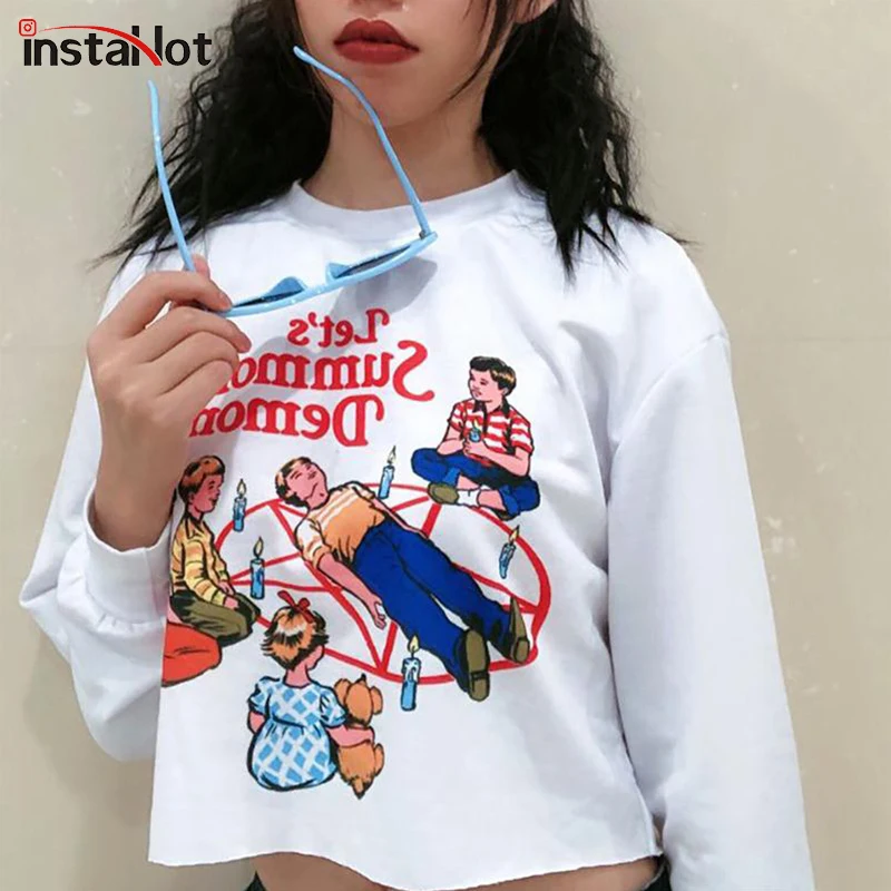 InstaHot/белая хлопковая футболка с длинными рукавами; Осенняя футболка с круглым вырезом и принтом в виде букв; Повседневная Базовая футболка в стиле Харадзюку; укороченный топ