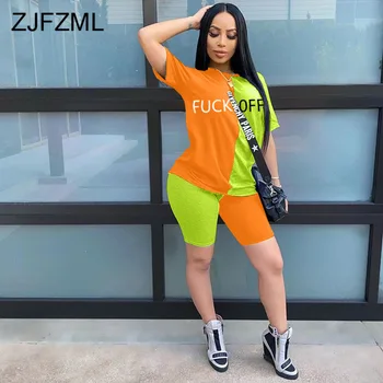 

Letter Print 2 Piece Matching Set Women 2020 Tracksuit O Neck Short Sleeve Top And Bodycon Shorts Lounge Wear Summer Club Outfit