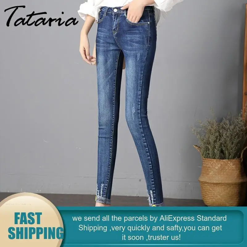 Джинсы женские облегающие винтажные брюки из денима с принтом улыбки узкие