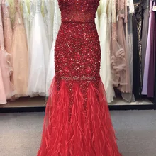 Вечернее платье русалки с круглым вырезом и кружевом и аппликацией, Новое поступление, очаровательное вечернее платье с юбкой из перьев