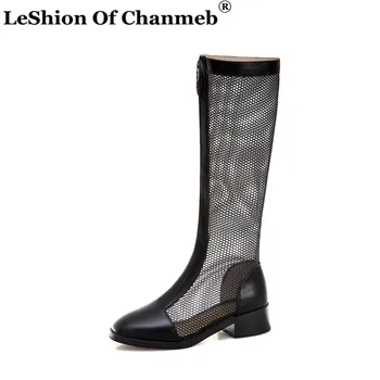 

2020 New Arrival Women Knee High Boots Mesh Net Shoes botas mujer Women's Spring Summer Boots Zipper Block Heels Shoes Ladies 43