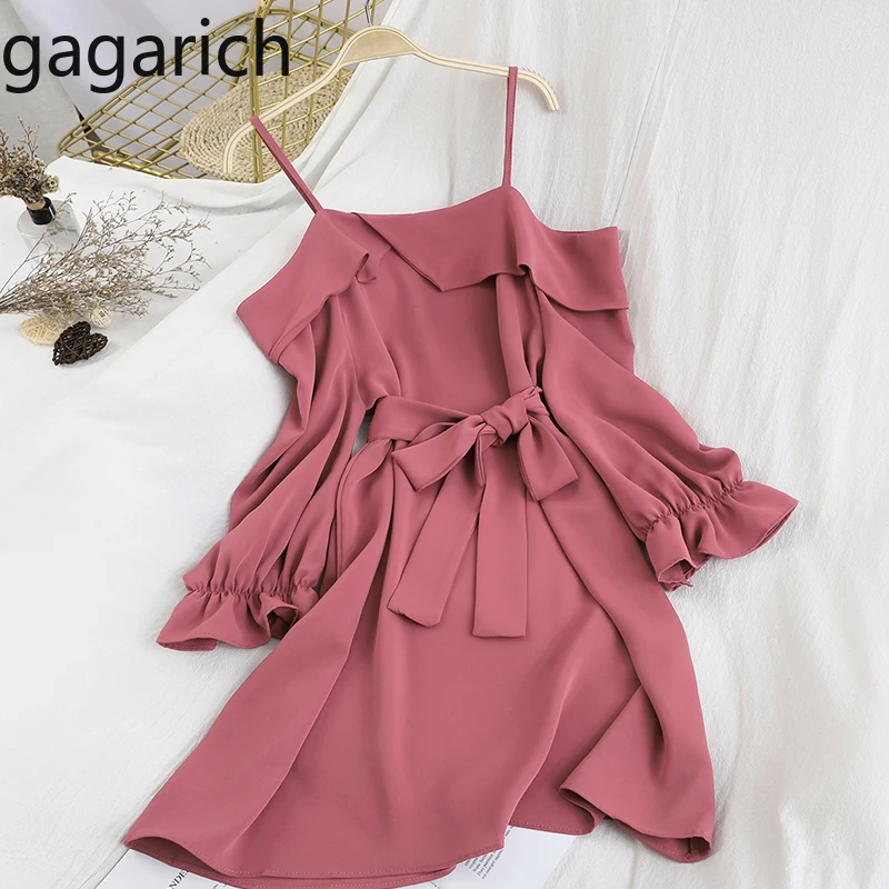 

Gagarich Women Sweet Dress Sexy Slash Neck Off Shoulder Spaghetti Strap Vestidos Spring Korean Slim Waist Bandage Solid Dresses
