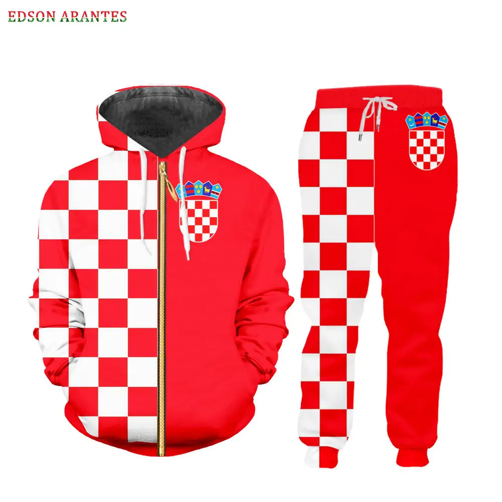 Custom S-6XL Croatia Flag Men's Sportwear Sets Luxury 3d red white Grid Print Zipper Jackets Hoodie T-shirt Tank Joggers Pants (1)