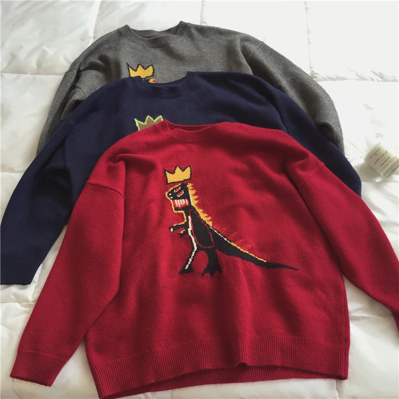 Вязаный женский свитер с рисунком динозавра из мультфильма, 3 цвета, объемные пуловеры с длинным рукавом, винтажный Забавный осенне-зимний свитер, верхняя одежда V880