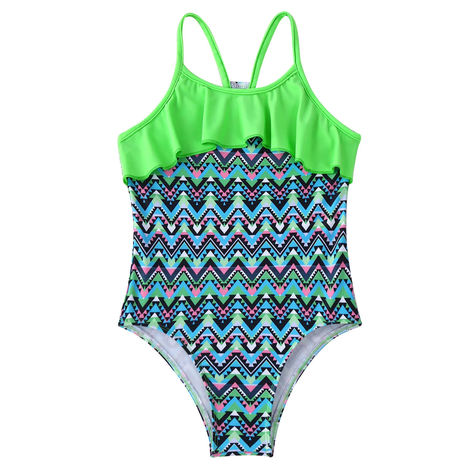 TiaoBug Summer 4 To 16 Years Kids Girls One-Piece Swimsuit Leotard Straps Hollow Out Ruffle Trim Bodysuit Beach Swimwear