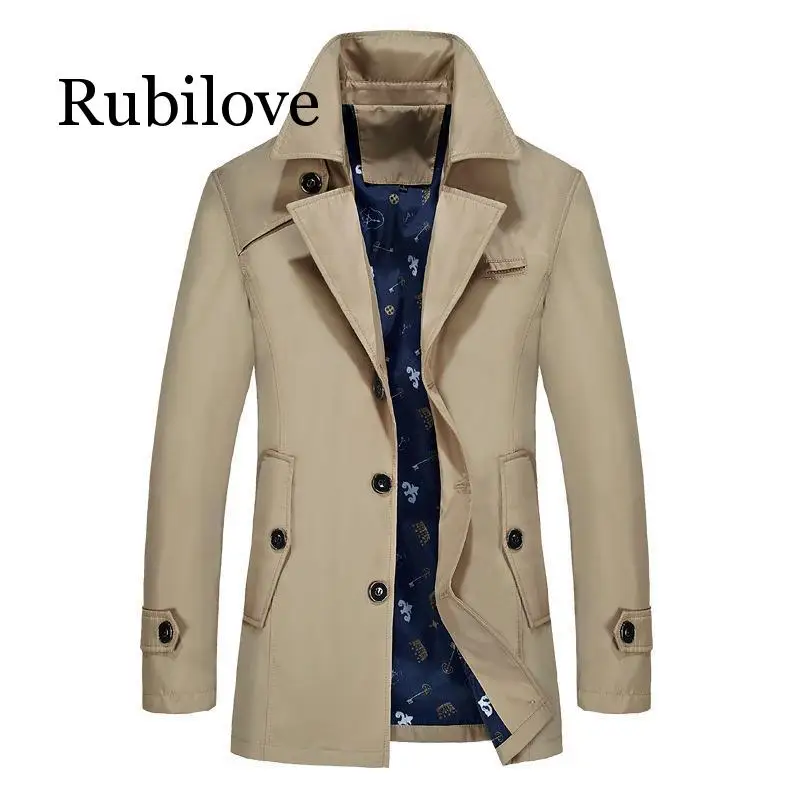Rubilove, мужской Тренч, куртка, осень, для мужчин, модный бренд, приталенный, сплошной цвет, с отворотом, длинное пальто, повседневный Тренч, пальто для мужчин