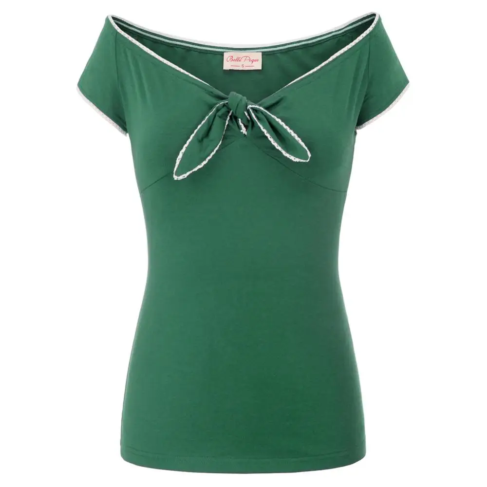 Belle Poque, сексуальная женская летняя футболка, Классическая хлопковая футболка с галстуком-бабочкой, короткий рукав, глубокий v-образный вырез, с открытыми плечами, летние женские тонкие Топы - Color: Green