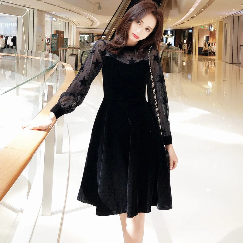 

2018 New Style Autumn And Winter Sexy Embroidered Yarn Transparent Lantern Sleeve Velvet Dress 9921gt461