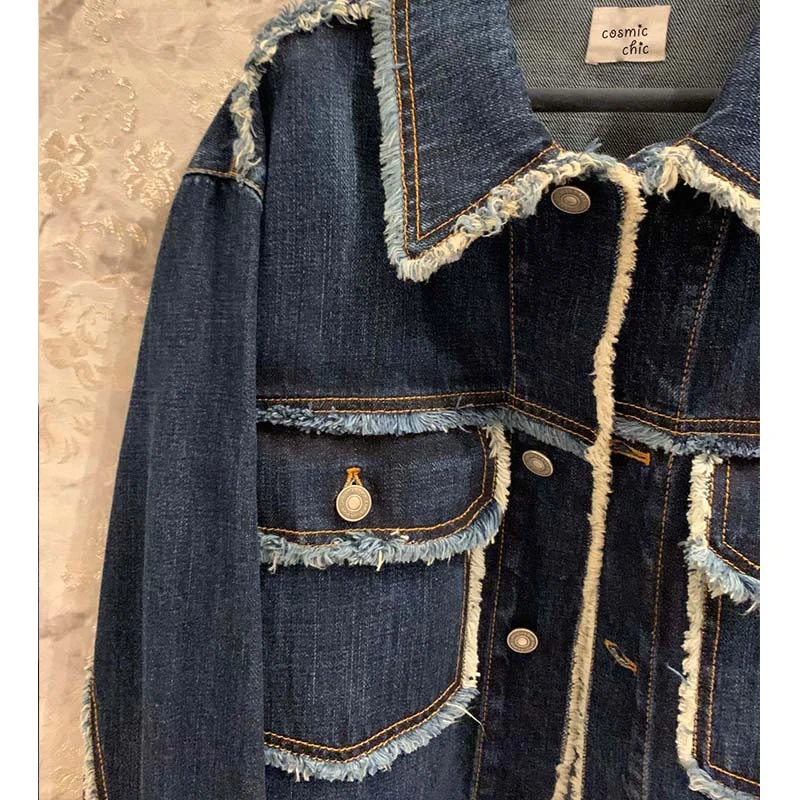 Ideal  Cosmicchic Women Fashion Jean Jacket Denim Coat Long Sleeve Single Breasted Frayed Cowboy Jacket Ba