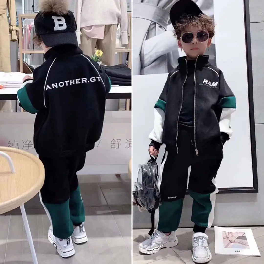 

BOY'S plus Velvet Autumn And Winter 2019 Warm Two Piece Set Set Child plus Velvet Children Two-Piece Set Zip-up Shirt Set Childr
