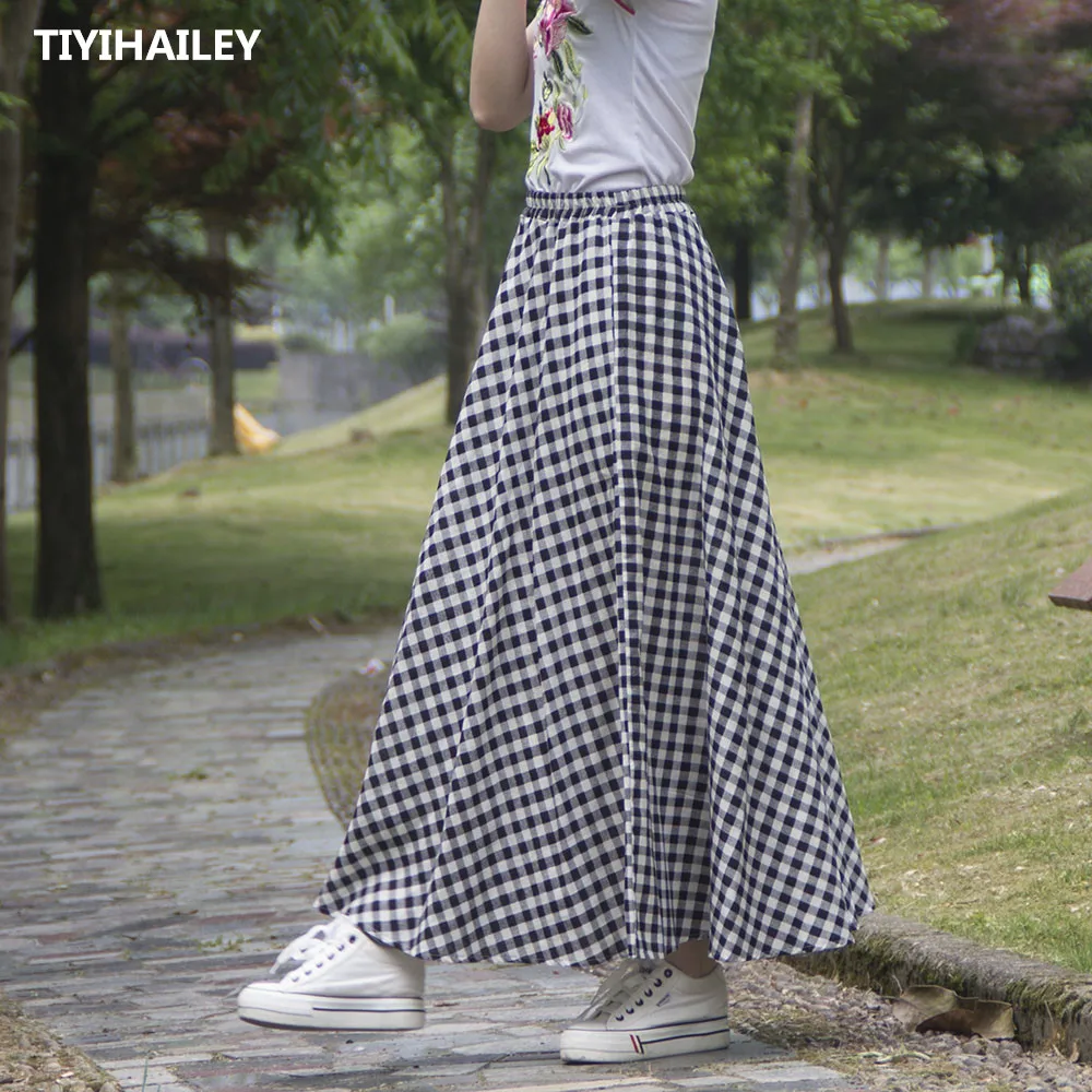 TIYIHAILEY Free Shipping 2021 Fashion Long Maxi A-line Elastic Waist Women Cotton And Linen White And Black Plaid Spring Skirts wireless bluetooth keyboard auto wake sleep pen slot design cloth texture tablet leather cover shell for ipad mini 2021 black