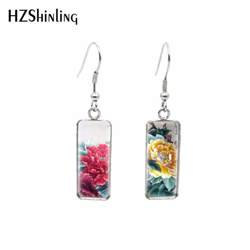 2020 новые прямоугольные серьги красивые пионы цветы живопись с крючком
