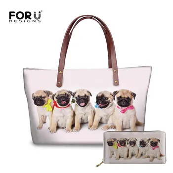 

FORUDESIGNS Cute Animal Pug Print Shoulder Bags Women 2Pcs/Set Handbag Fashionable Ladies Beach Handbag Tote Bag for Female