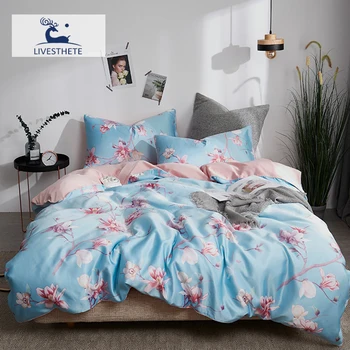 

Liv-Esthete Luxury Flowers 100% Silk Blue Bedding Set Silky Duvet Cover Healthy Skin Pillowcase Flat Sheet Queen king Bed Linen