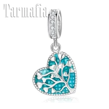 Зеленое дерево жизни 925 стерлингового серебра тонкий синий Эмаль Сердце Подвески бусины подходят Пандора очаровывательный браслет ювелирные изделия изготовление