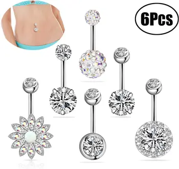 

Lvcky 6 pcs Stainless Steel Belly Button Ring Set Gauge 10mm Barbell Navel Bars Piercing Jewellery