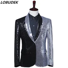 Мужской формальный Серебряный Черный Блестки сплайсинга костюмы куртка мода ассиметричное тонкое пальто смокинг певец и ведущий сценический блейзер