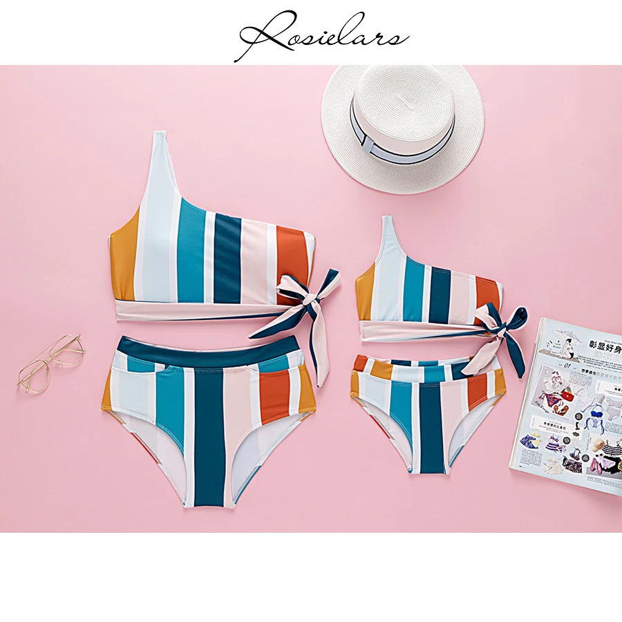 

2019 ROSIELARS Family Matching Swimsuit Women and Girls Ruffled Floral Two Piece Swimwear Bathing Bikini High Waist Beachwear