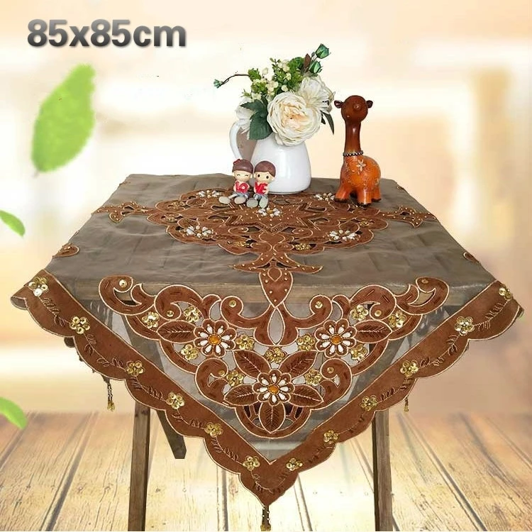 

European Retro Velvet Lace Stitching Beaded Pendant Fine Tablecloth Dust Cover Cloth Balcony Coffee Table Mat Cup Ornate Tapete