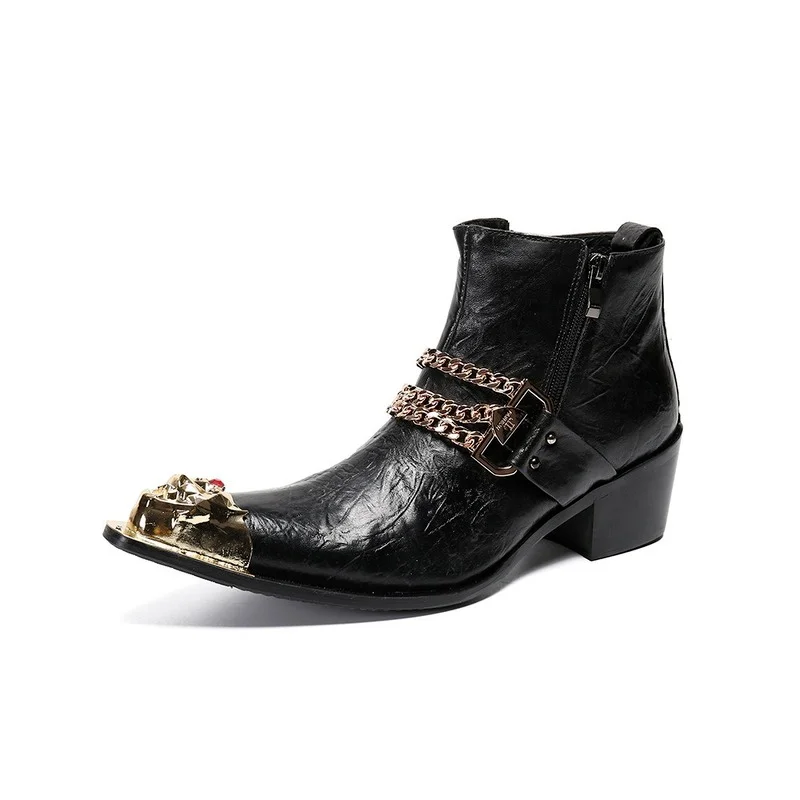 

British Black Men Ankle Boots Winter Plus Size Square Toe Party Shoes Real Leather Boots Cowboy Motorcycle Zipper Short Boots