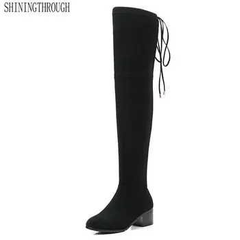 

2020 Women Shoes Over The Knee High Boots Round Toe Autumn Winter Shoes Women High Heels Flock Women Boots Size 34-43