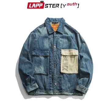 

LAPPSTER Men Japanese Streetwear Denim Jackets 2020 Mens Harajuku Patchwork Windbreaker Jeans Jackets Coats Vintage Hip Hop Coat