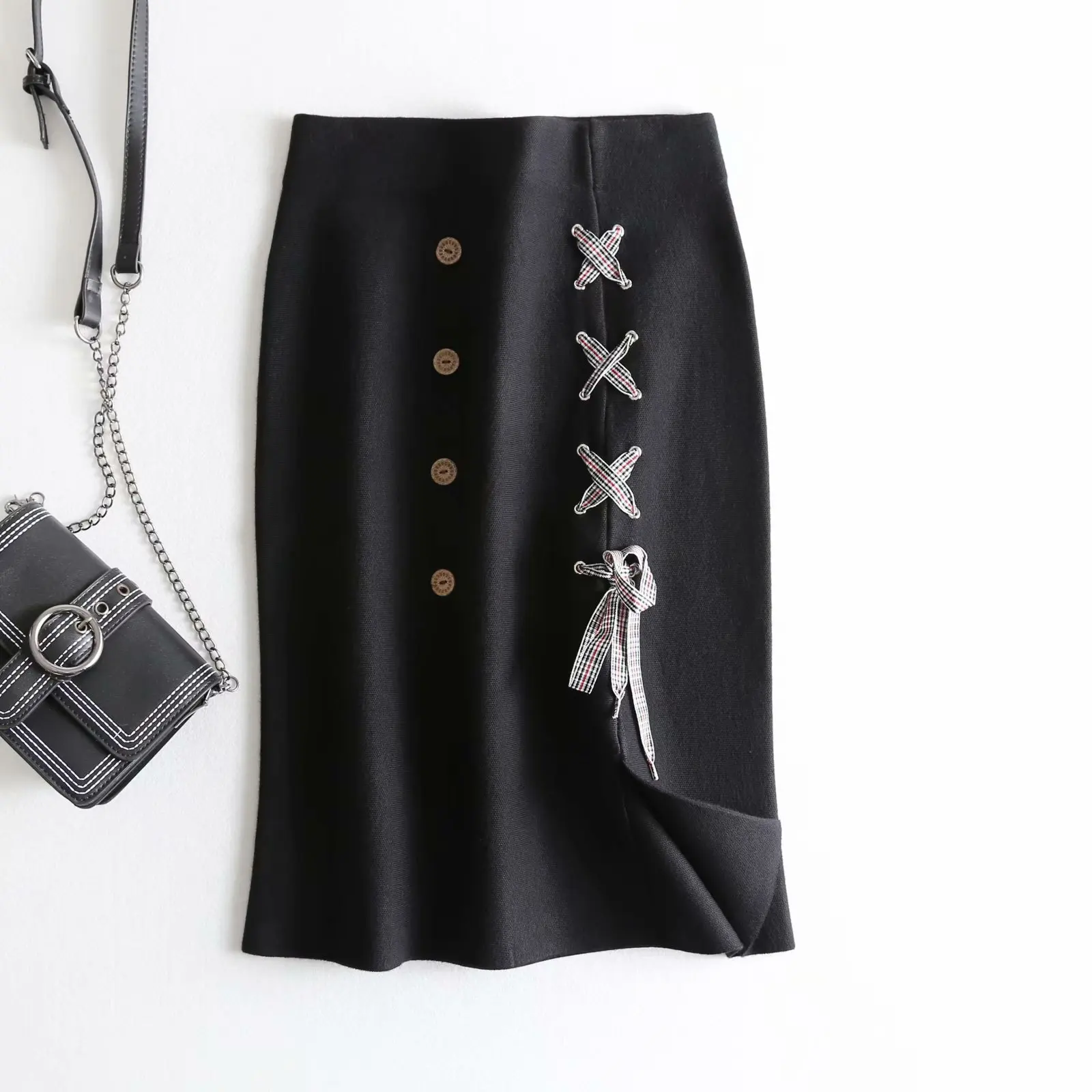 

18 Autumn New Style Korean-style Versatile High-waisted Slimming Skirt Handmade Wearing Rope Decoration Knitted Skirt Women's