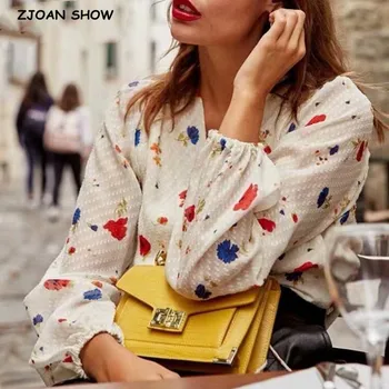 

2020 Spring Vintage Center Tie Cross Bandage Shirt blusa Fashion Floral Print White blouse women Chiffon blusas White Tops