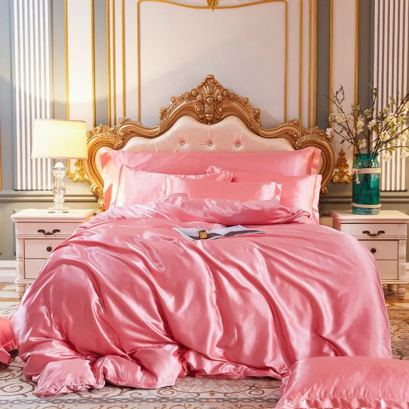 Mulberry Silk luxury Bedding Set with fitted sheet High-end 100% Silk Satin Bedding Sets soft smooth Solid Color quilts Cover