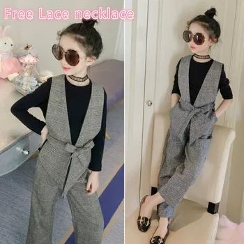 

Teenage Girls Clothing Sets 2020 Spring Plaid Vest T-shirts Pants 3pcs Suit for Girls Clothes Fashion Kids Costume Free necklace