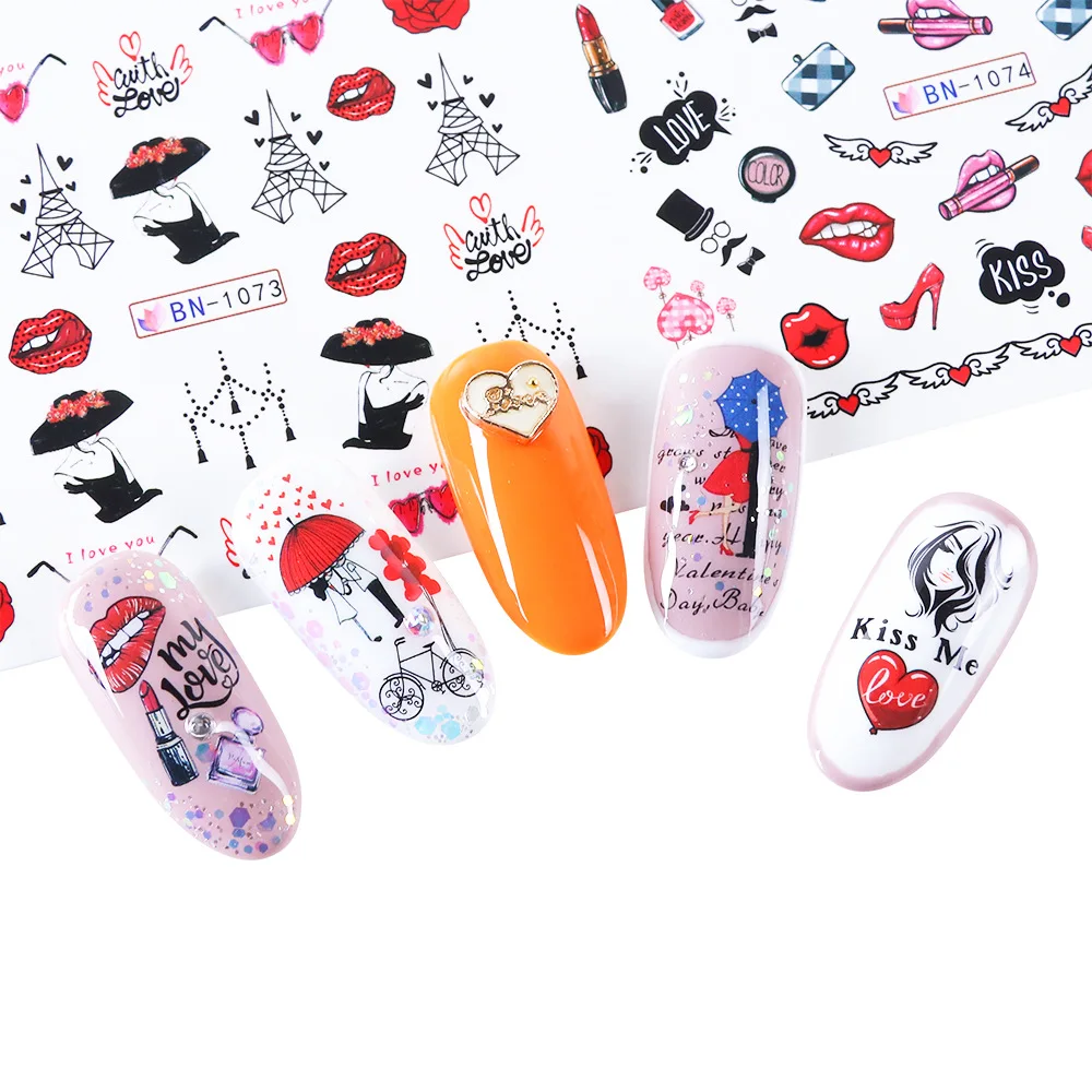 12pcs Valentines Stickers For Nails Love Heart Russian Letters Water Transfer Decals Sliders Manicure Decorations