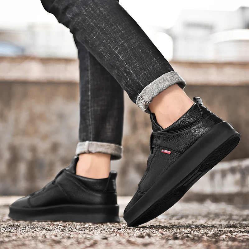 mocassin homme men sneakers casual leather plush winter warm walking shoes black non slip damping zapatos de hombre