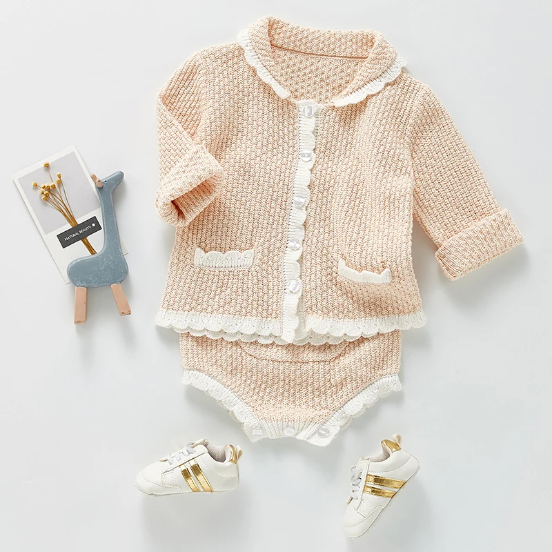 0-3Yrs Toddler Baby Girl Knitting Clothes Set Spring Autumn Solid Color Hollow Out Cardigan Coat+Romper Newborn Baby Clothes Set