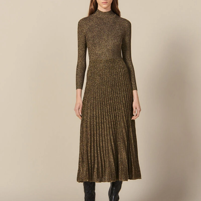 Туника Облегающая водолазка однотонное платье для женщин Vestido Longo люрекс вязаный халат элегантный облегающий пуловер Джемпер с длинными рукавами