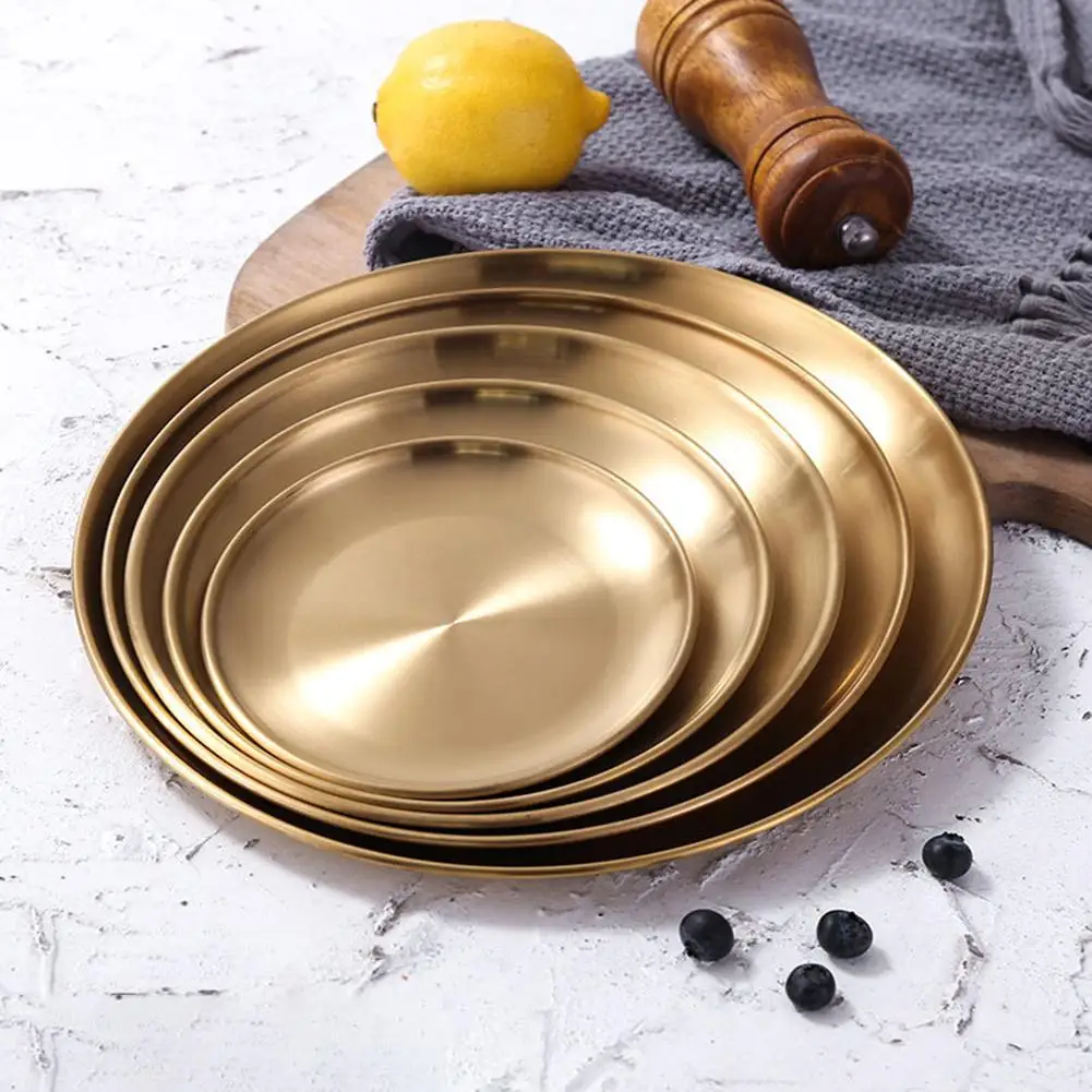 Storage tray Kitchen tray 14/17/20/23/26cm Dining Plate Fashion Gold Round Shape Tableware Meat Dessert Pizza Dish Fruit