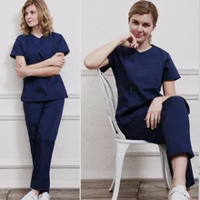 Женский комплект на молнии из чистого хлопка с эффектом потертости или топ с коротким рукавом и круглым воротником, пальто для врача, медсестры, стоматолога, рабочая одежда, медицинская форма