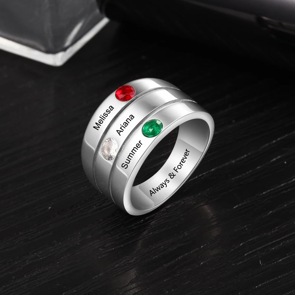 

Personalized Stacking Rings With 3 Birthstones Customized Name Ring For Mom Engraved Promise Wedding Bands Women Fashion Jewelry