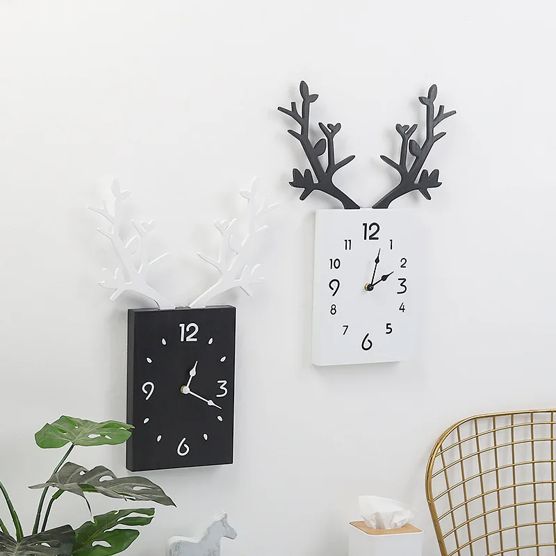 Creative Nordic Minimalist Wooden Antler Wall Clock Home Decor Living Room Bedroom Office Decorative Wall Clock Gift